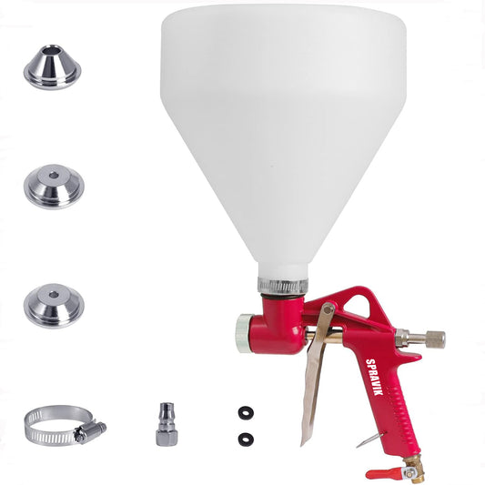 Red spray gun with white funnel attachment and various nozzles on a white background