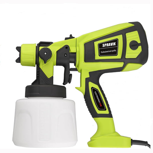 Green and black Spravik paint sprayer on a white background