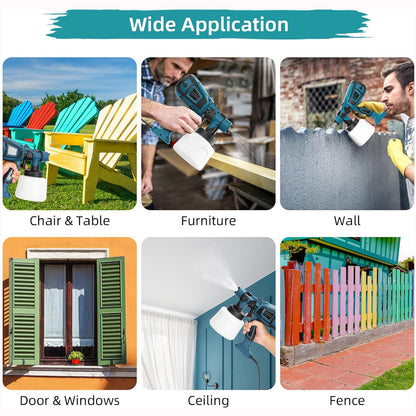 Spray gun in use on various surfaces including chairs, furniture, walls, doors, windows, ceilings, and a fence.
