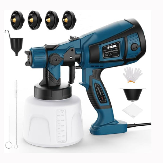Blue spray gun with accessories on a white background