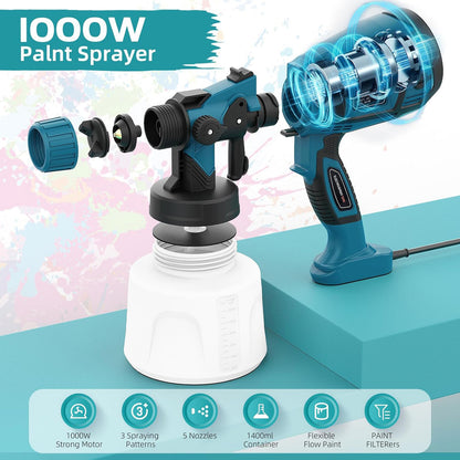1000W paint sprayer with attachments on a colorful background