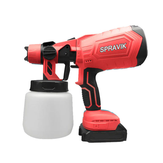 Red and black Spravik spray gun with a white container