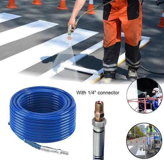 Person using a hose to paint a crosswalk with a blue hose and connector, and additional images of usage.