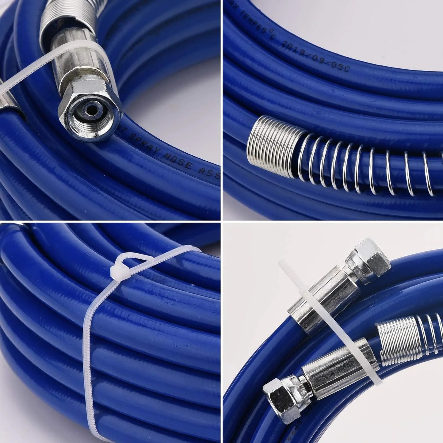 Collage of blue hose with silver connectors on a white background