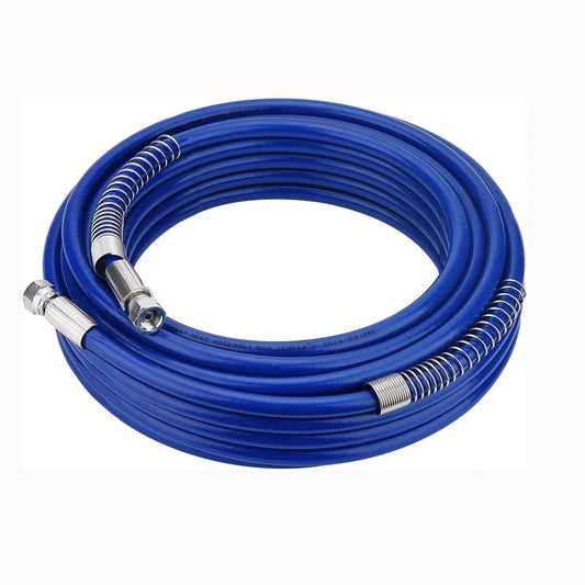 Coiled blue hose with metal connectors on a white background